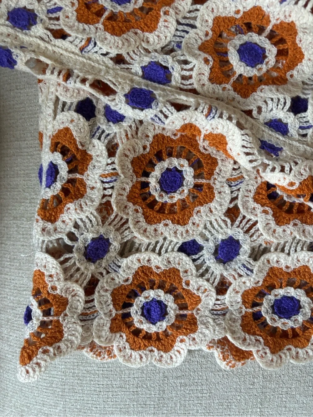 Reformation Crochet Floral Tunic in Cream, Rust & Purple